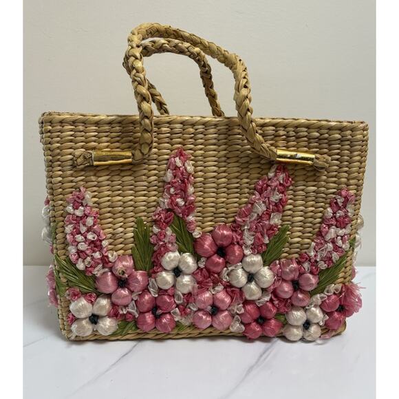 Mantessa Woven Straw Raffia Flower Tote Bag Pink White Boho Cottagecore - Picture 1 of 13